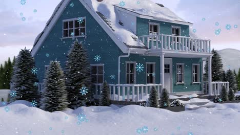 Animación-De-Nieve-Cayendo-Sobre-Una-Casa-Cubierta-De-Nieve-En-Un-Paisaje-Invernal
