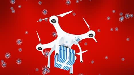 Animation-of-snow-falling-over-drone-carrying-present-on-red-background