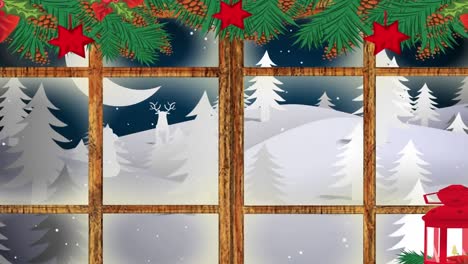 Animation-of-winter-landscape,-santa-sleigh-and-reindeer-seen-through-window