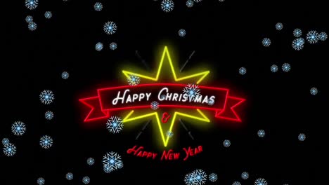 Animation-of-snow-falling-over-neon-star-with-christmas-greetings-decoration-on-black-background