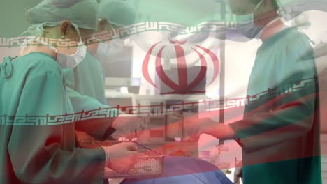 Animation-of-flag-of-iran-waving-over-surgeons-in-operating-theatre