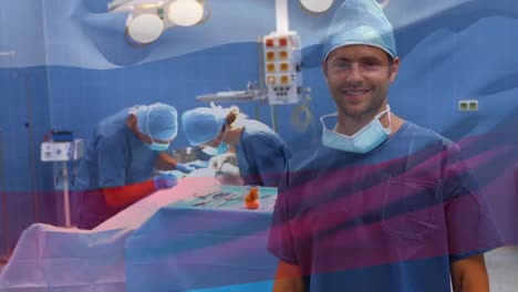 Animation-Der-Flagge-Russlands,-Die-über-Chirurgen-Im-Operationssaal-Weht