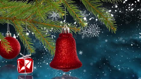Animation-Von-Weihnachtsdekorationen-über-Leuchtenden-Sternen-Und-Schnee-Auf-Dunklem-Hintergrund