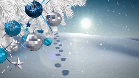 Animation-of-christmas-decorations-and-snow-falling-over-winter-scenery