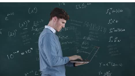 Animation-of-caucasian-businessman-using-laptop-over-mathematical-equations-on-chalkboard