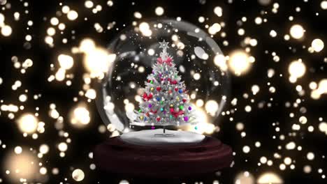 Animation-of-snow-globe-with-christmas-tree-over-glowing-spots-on-black-background