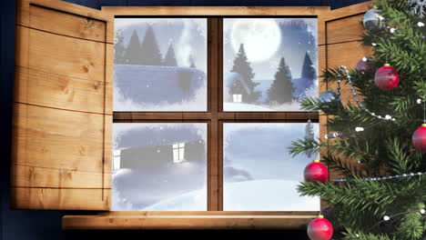 Animation-Einer-Winterlandschaft-Und-Häuser,-Die-Durch-Das-Fenster-Gesehen-Werden