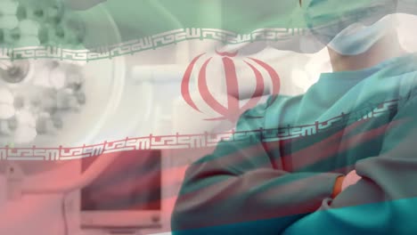 Animation-of-flag-of-iran-waving-over-surgeon-in-face-masks