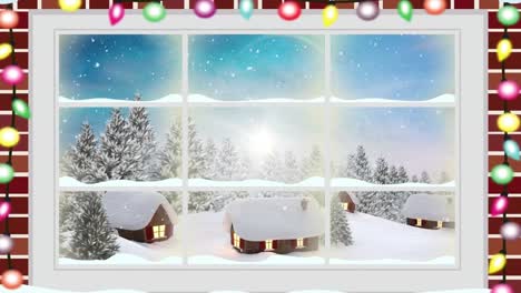 Animation-Einer-Winterlandschaft-Und-Häuser,-Die-Durch-Das-Fenster-Gesehen-Werden