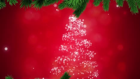 Animación-De-Estrella-Fugaz,-árbol-De-Navidad-Y-Nieve-Cayendo-Sobre-Fondo-Rojo