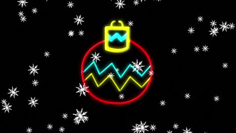 Animation-of-snow-falling-over-christmas-neon-bauble-decoration-on-black-background