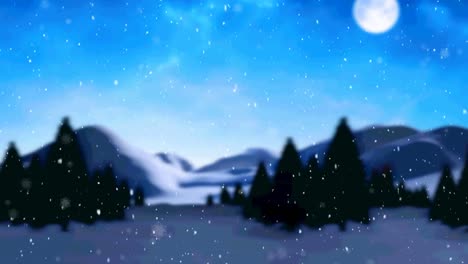 Animation-of-snow-falling-over-winter-scenery-with-moon-in-background