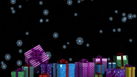 Animation-Von-Schnee,-Der-über-Weihnachtsgeschenke-Auf-Schwarzem-Hintergrund-Fällt
