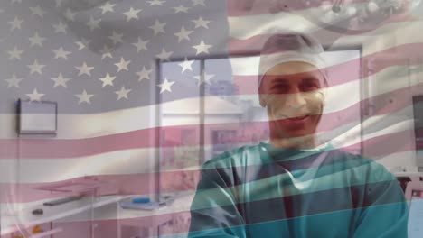 Animation-of-flag-of-usa-waving-over-surgeon-in-operating-theatre