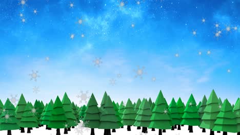 Animation-of-snow-falling-over-fir-tree-in-winter-landscape