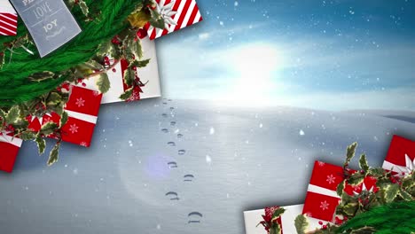 Animation-of-presents,-tracks-and-snow-falling-over-winter-scenery