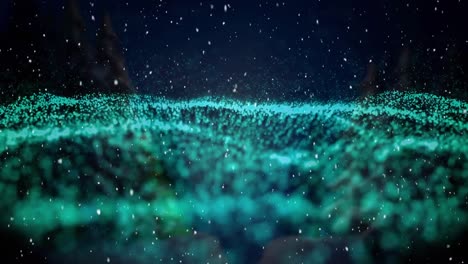 Animation-of-snow-falling-over-glowing-green-mesh-waving-in-background