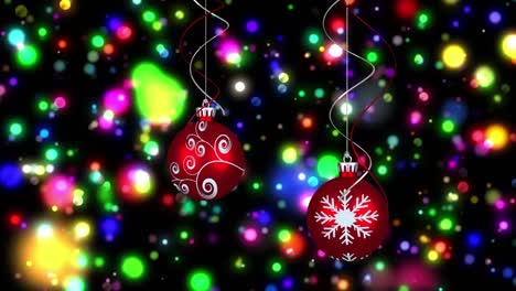 Animation-of-christmas-bubbles-over-glowing-colorful-spots-on-black-background