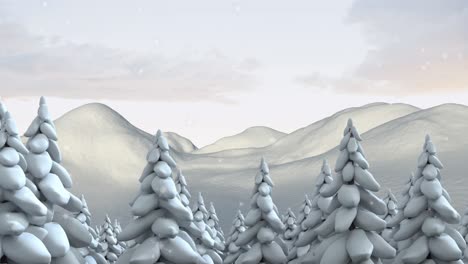 Animation-of-snow-falling-over-fir-tree-in-winter-landscape