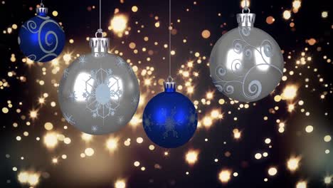 Animation-of-christmas-bubbles-over-glowing-lights-on-dark-background