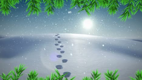 Animation-Von-Spuren-Und-Schnee,-Der-über-Die-Winterlandschaft-Fällt
