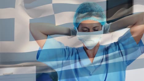 Animation-of-flag-of-greece-waving-over-surgeon-in-face-masks