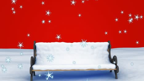 Animation-of-snow-falling-over-snow-covered-bench-on-red-background