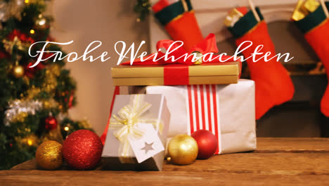 Animation-of-german-greeting-text-over-christmas-decorations