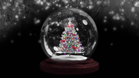 Animation-of-snow-globe-with-christmas-tree-over-snow-on-dark-background