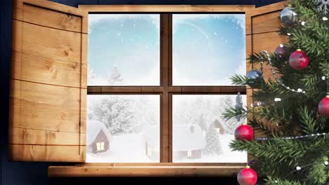 Animation-of-winter-landscape,-houses-and-snow-falling-seen-through-window
