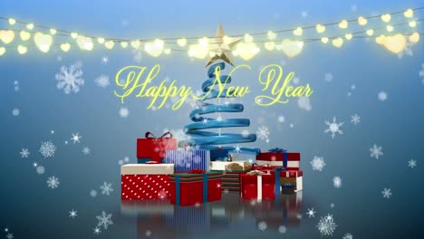 Animation-of-new-year-greetings,-christmas-tree,-lights-and-falling-snow-on-blue-background
