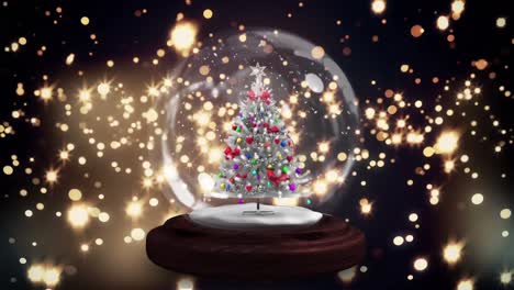 Animation-of-snow-globe-with-christmas-tree-over-glowing-stars-on-dark-background