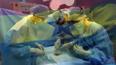 Animation-of-flag-of-ghana-waving-over-surgeons-in-operating-theatre