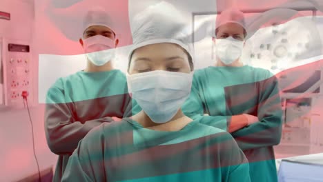 Animation-of-flag-of-switzerland-waving-over-surgeons-in-operating-theatre