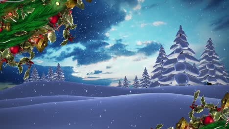 Animation-Von-Weihnachtsdekorationen-Und-Schnee,-Der-über-Die-Winterlandschaft-Fällt