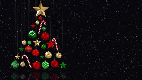 Animation-Von-Weihnachtsdekorationen-über-Schnee-Auf-Schwarzem-Hintergrund