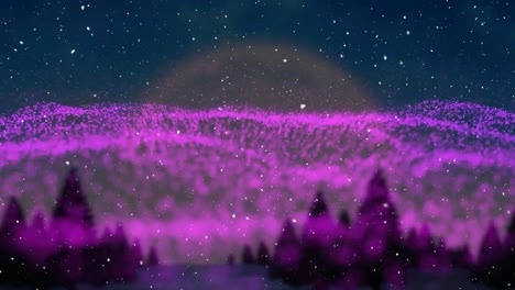 Animation-of-snow-falling-over-glowing-purple-mesh-waving-with-moon-in-background