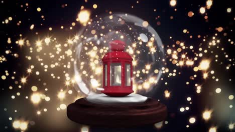 Animation-of-snow-globe-with-red-lantern-over-glowing-stars-on-dark-background