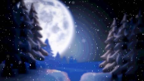 Animation-of-snow-falling-over-winter-scenery-with-moon-in-background