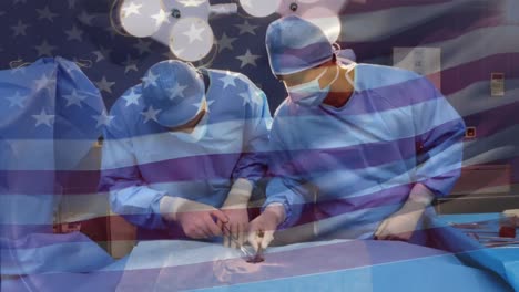 Animation-of-flag-of-usa-waving-over-surgeons-in-operating-theatre
