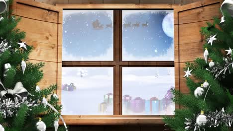 Animation-of-winter-landscape,-presents-and-santa-sleigh-seen-through-window