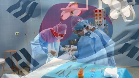 Animation-Der-Flagge-Südkoreas,-Die-über-Chirurgen-Im-Operationssaal-Weht
