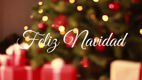 Animation-of-feliz-navidad-christmas-greetings-text-over-christmas-decorations-in-background
