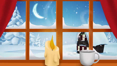 Animation-Der-Winterlandschaft-Und-Des-Hauses-Durch-Das-Fenster-Gesehen