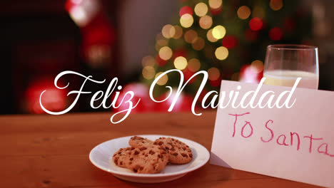 Animation-of-feliz-navidad-greetings-over-cookies-and-milk-for-santa-cluas-and-christmas-tree