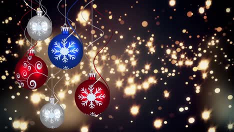 Animation-of-christmas-bubbles-over-glowing-spots-on-dark-background