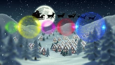 Animation-of-santa-sleigh-and-christmas-baubles-over-winter-landscape