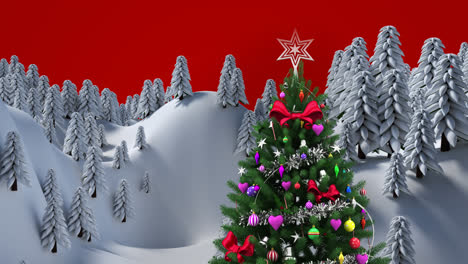 Animation-of-fir-tree-with-decoration-in-winter-landscape-on-red-background