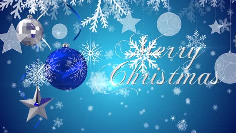 Animation-of-merry-christmas-text-over-lights-and-snowflakes-on-blue-background