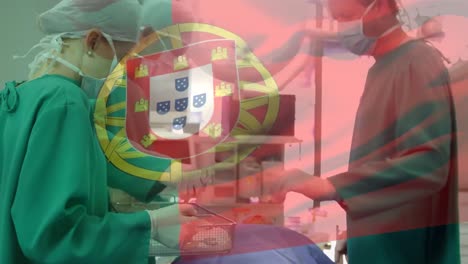 Animation-of-flag-of-portugal-waving-over-surgeons-in-operating-theatre